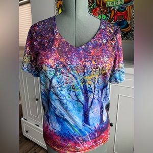 Women’s Short Sleeve Top with Colorful Forest Print.